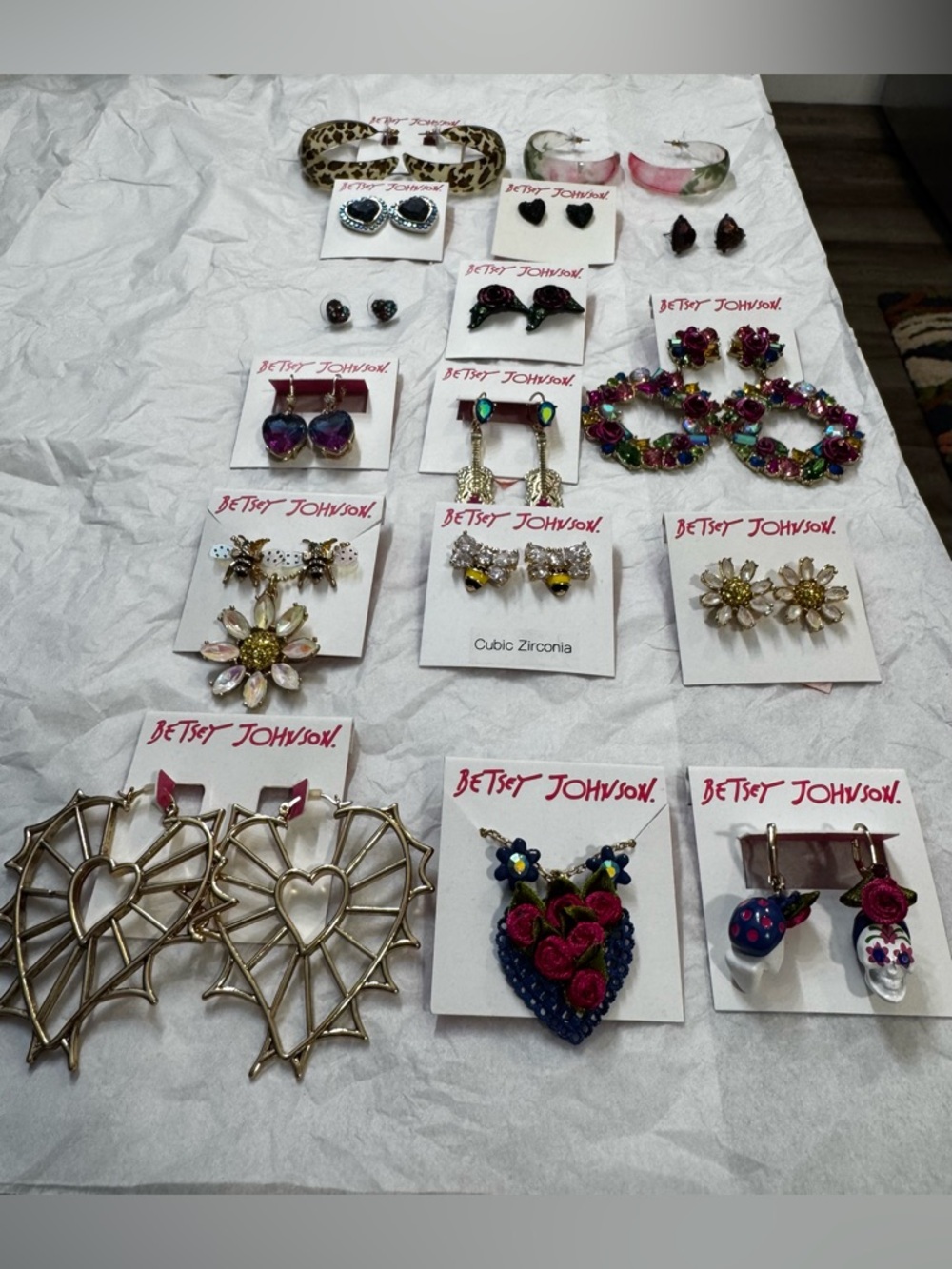 16 Sets of Authentic Betsey Johnson Jewelry: Earrings, Necklaces, Matching Pairs
